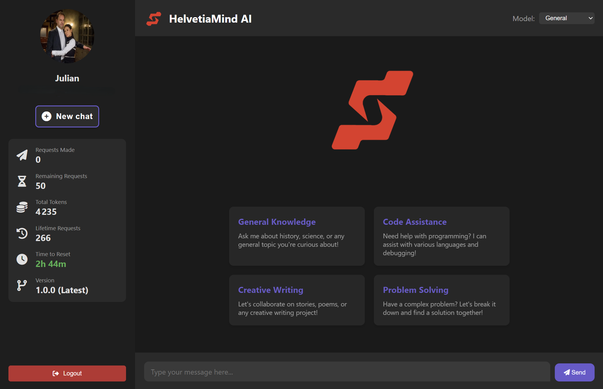 HelvetiaMind-AI interface showing a chat window with AI responses, dark theme with red accents